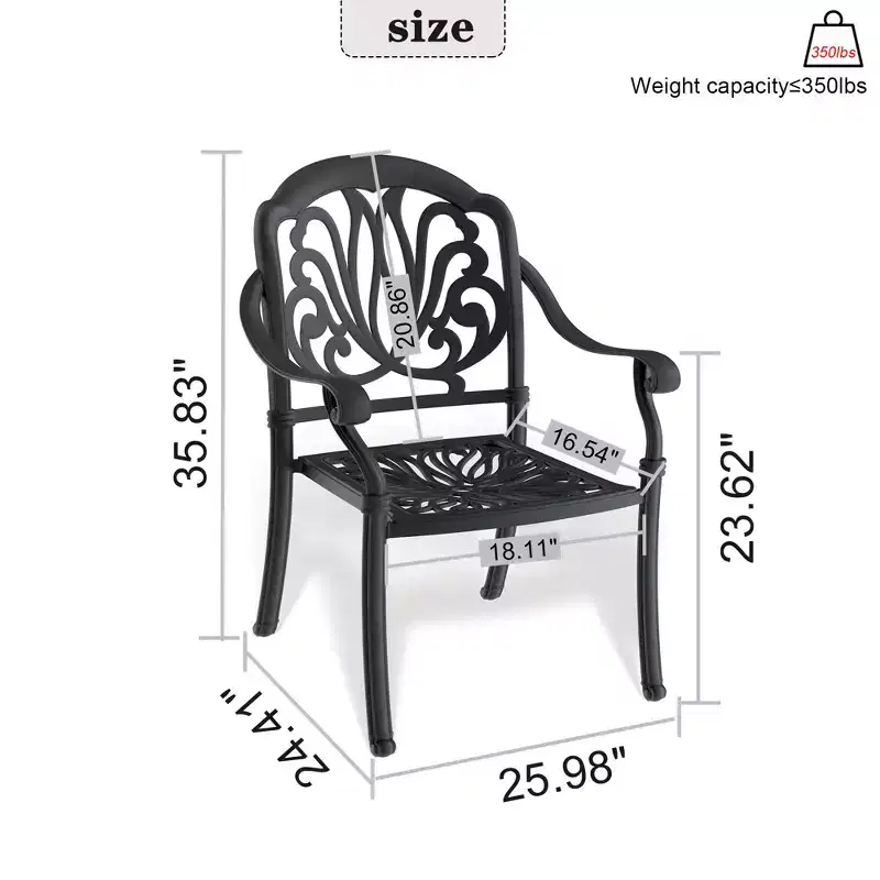 Set of 4 Cast Aluminum Patio Dining Chairs, Black Rust Resistant Frame with Water Resistant Cushions