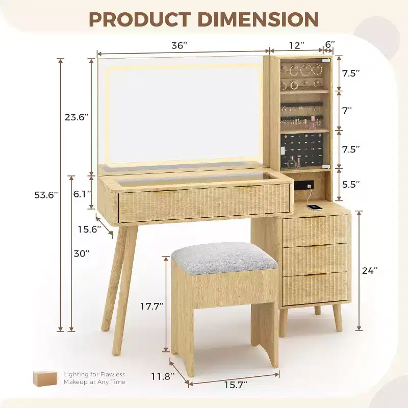 Vanity Desk with Lighted Mirror, Makeup Vanity with Charging Station, Glass Top Dressing Table with Cushioned Storage Stool for Bedroom