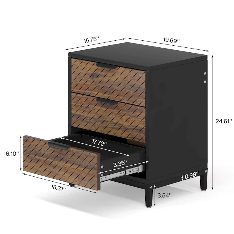 3-Drawer Nightstand with Gold Handles, Light Wood Grain, Particle Board and Metal Frame, 19.69W x 15.75D x 24.6H in