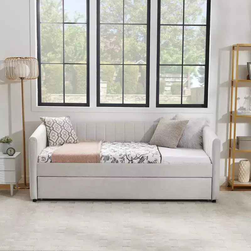 GDFStudio Scarlett Upholstered Daybed with Trundle, Vertical Stripe Backrest Sofa Bed
