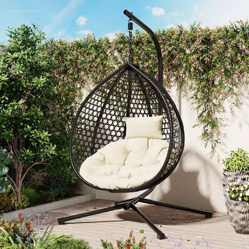 GDFStudio Anderson Hanging Egg Rattan Chair with Stand and Soft Removable Cushion