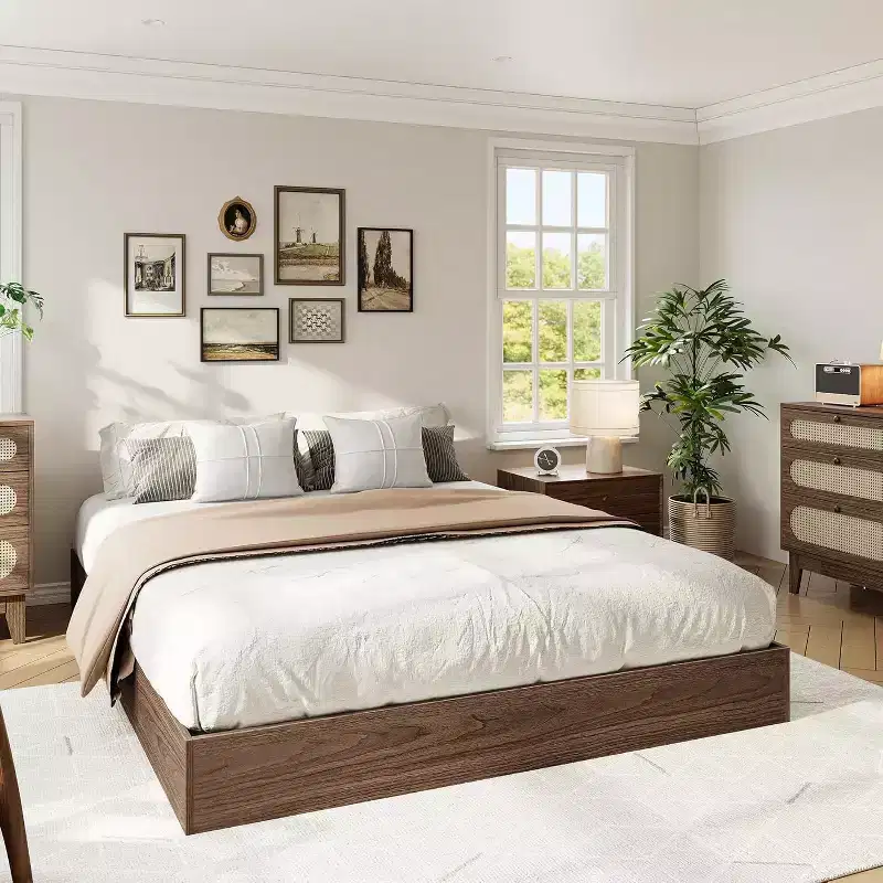 Solid Wood Platform Bed Frame with Sturdy Wooden Slats, Floor-Standing Minimalist Design, Walnut Finish, No Box Spring Needed