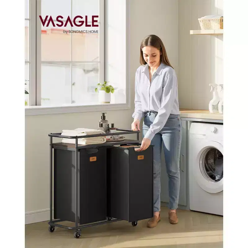 Laundry Sorter with Wheels, 26.4 Gal Rolling Cart with 2 Removable Liners & 6 Labels, Top Shelf for Detergent, Portable Hamper, Ink Black
