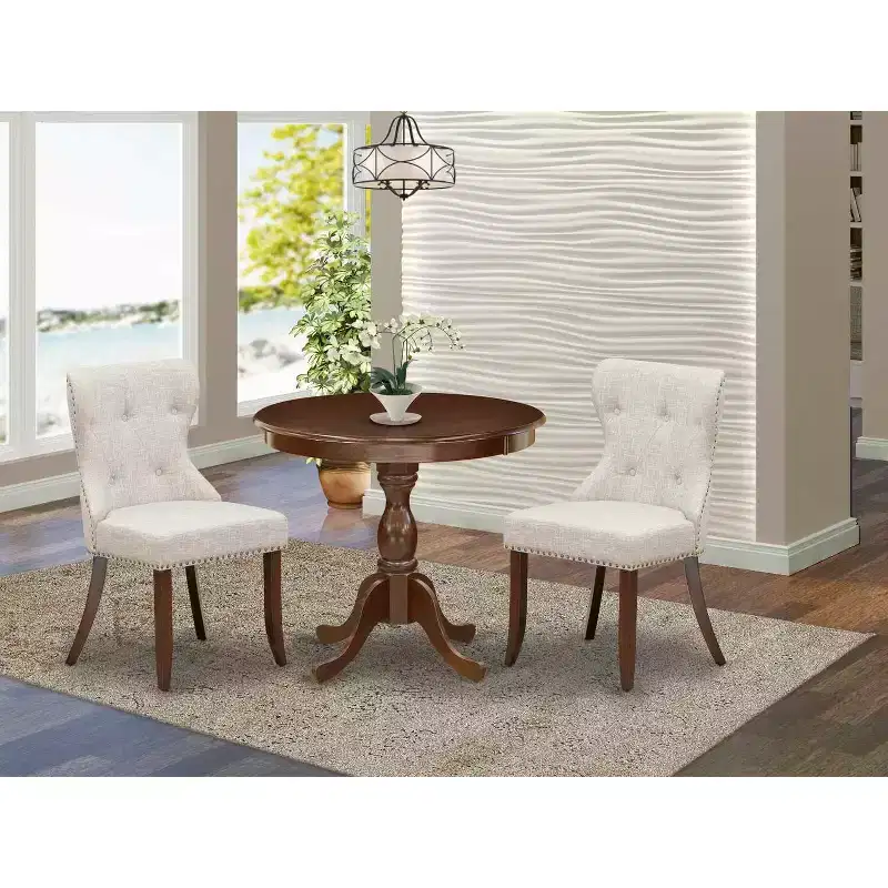 HomeStock Belmont 3 Piece Dining Table Set 1 Kitchen Table and 2 Doeskin Linen Fabric Kitchen Chair Button Tufted Back , Nail Heads - Mahogany Finish