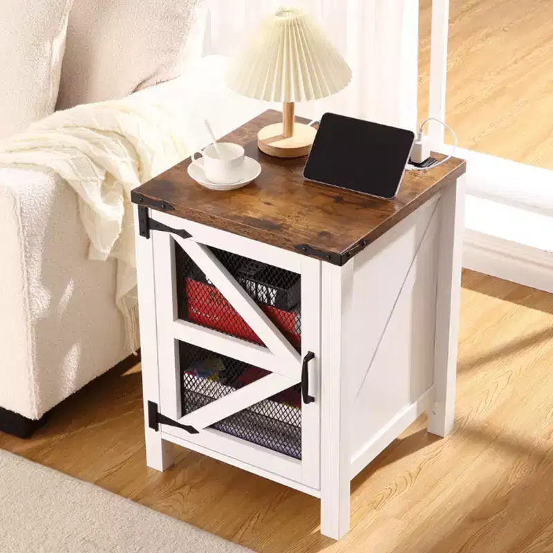 Vintage Smokey Wood & White Farmhouse Nightstand – Single, Barn Door Style