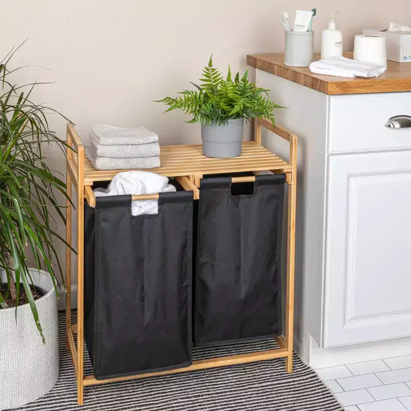 Bamboo Pull Out Double Hamper with Shelf, Natural and Black