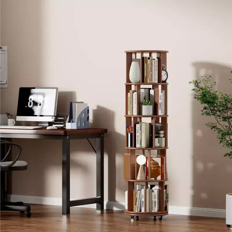 360° Rotating Bookshelf with Wheels, 5-Tier Solid Wood Narrow Bookcase, Walnut