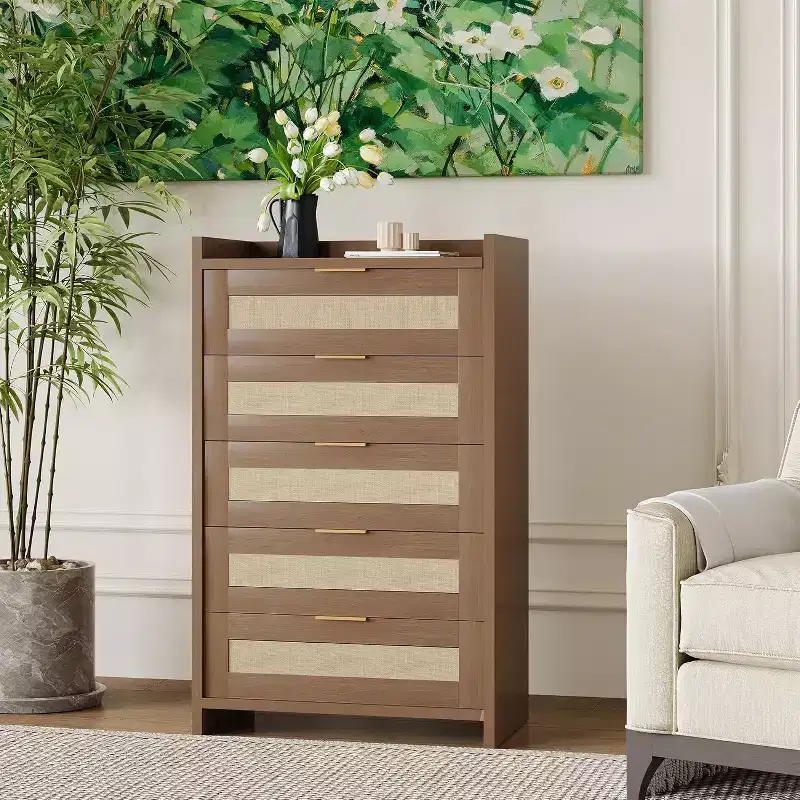 Oak Rattan 5 Drawer Dresser for Bedroom 46 High Wardrobe Bohemian Style Nightstand for Living Room Hallway Baby Room Entryway