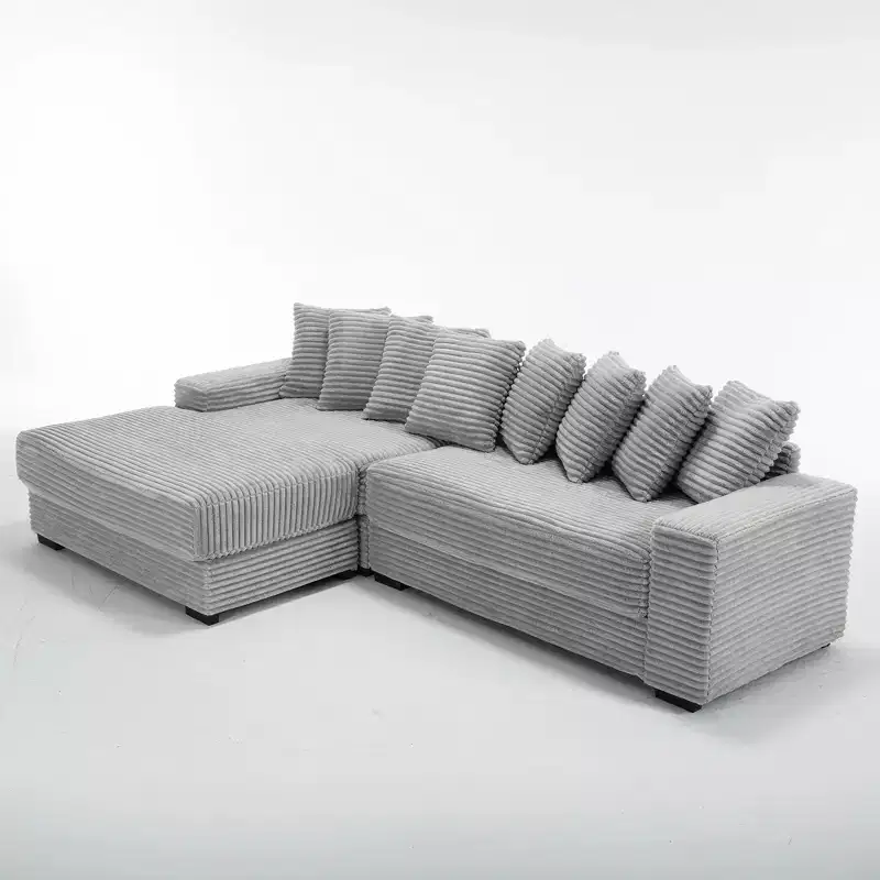 GDFStudio Isabel 111 Corduroy Upholstered Wood L Shaped Sofa with Eight Pillows