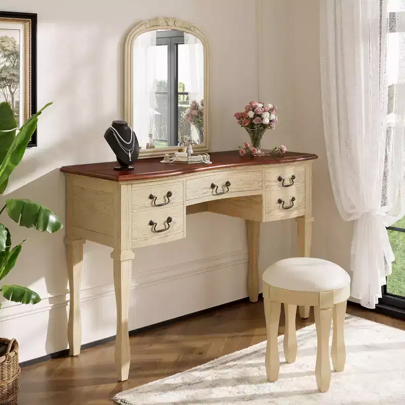 Vintage Vanity Set, Vintage Makeup Vanity Desk, 46 Inch Dressing Table with Curved Flower Mirror, 5 Drawers Storage