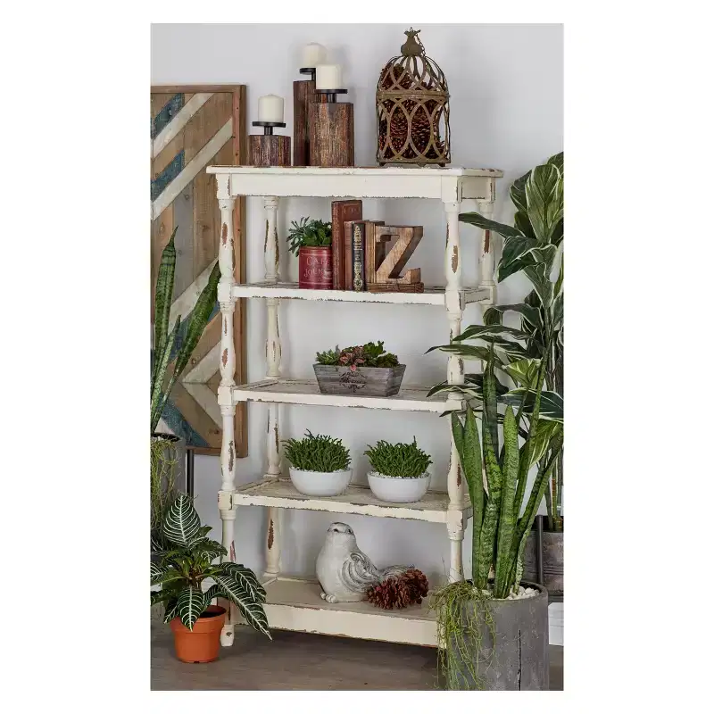 White Distressed 5-Tier Wood Bookshelf – Farmhouse Style, 1-Person Assembly