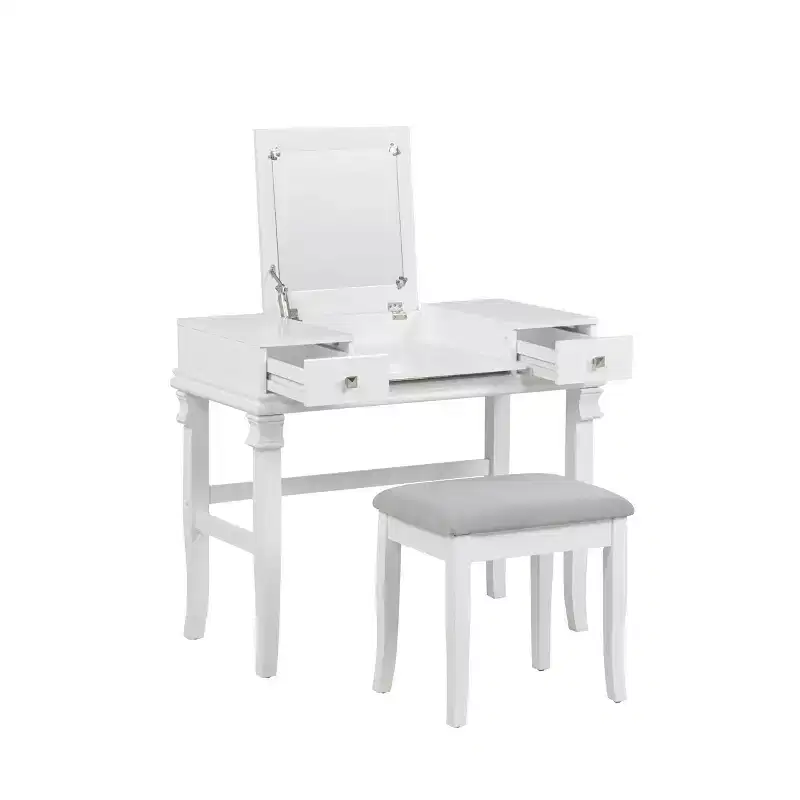 Adler Traditional Wood 2 Drawer Lift Top Mirror Vanity and Upholstered Stool White - Linon