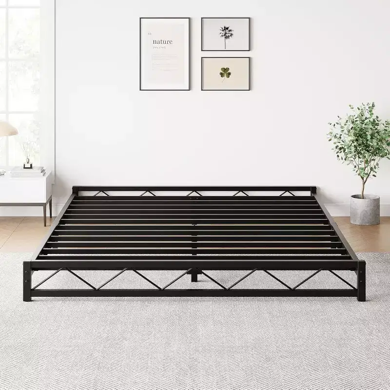 1-Piece Wavy Metal Platform Bed - 6 Low Profile Queen Size, Steel Slats No Box Spring Needed, Fits Standard Mattress