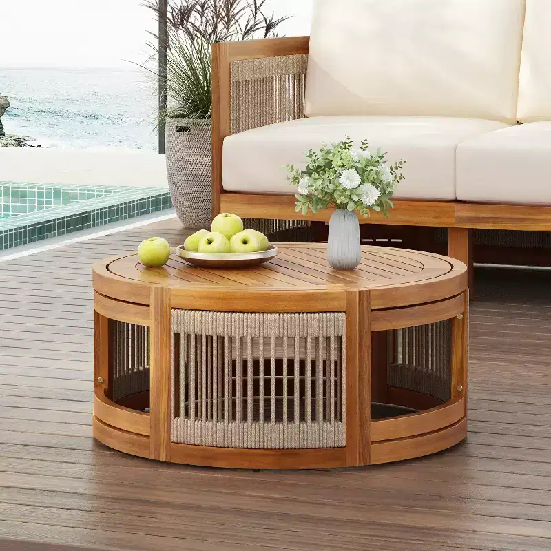 27.95-Inch Acacia Wood Outdoor Coffee Table with Handwoven Rope Accent, Boho Design, for Patio