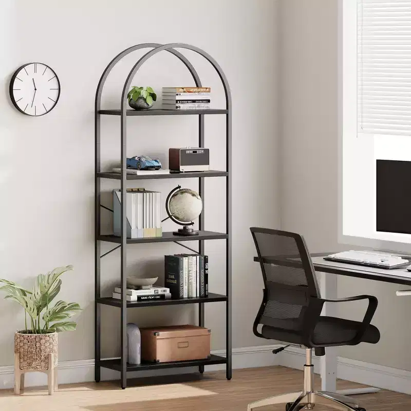 Bookshelf 5 Tier Bookcase Arched Display Racks Tall Standing Bookshelves Metal Frame Modern Storage Rack Shelf Large Wood Book Shelf