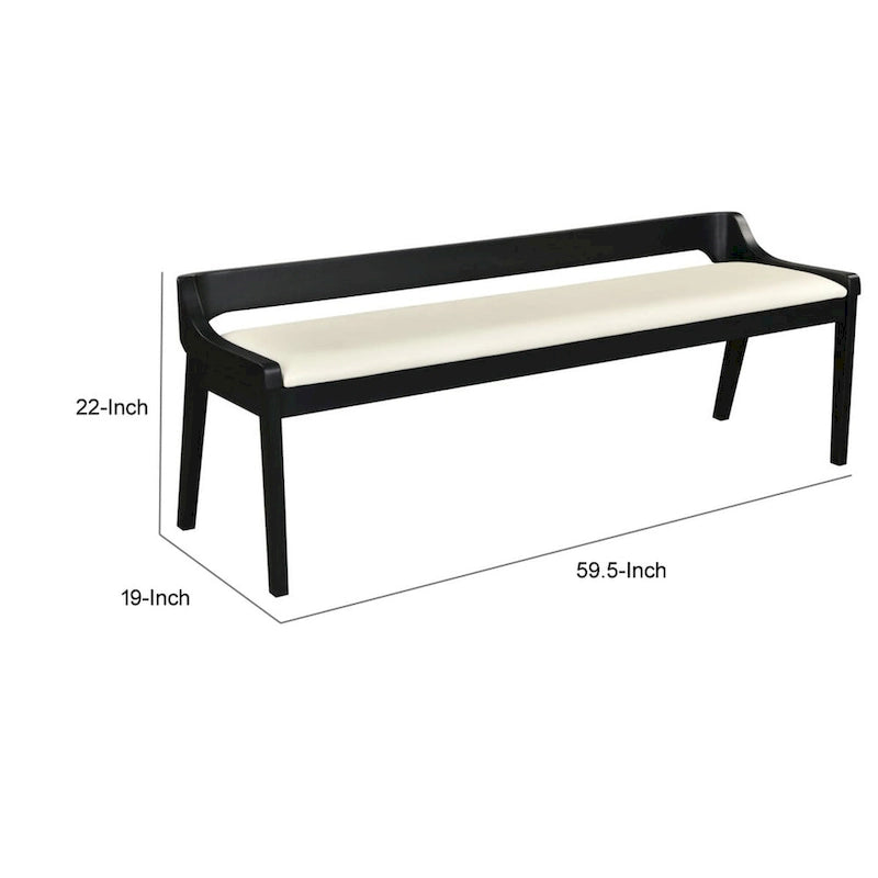 60 Inch Dining Bench, Black Rubberwood Frame, Low Back, Cushioned Seat