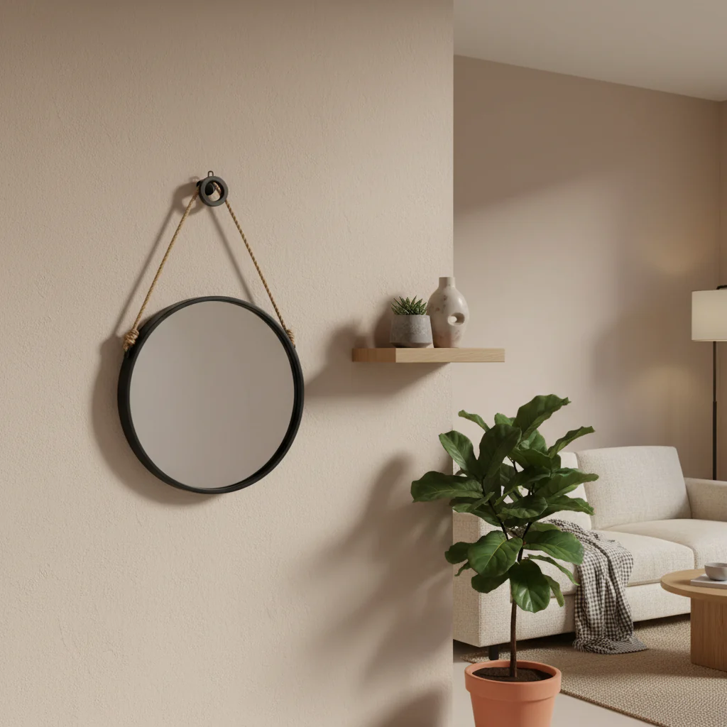 29.5 in On-trend Hanging Round Mirror with Black Framed and with Rope Strap Contemporary Industrial Decor for Bathroom, Bedroom, or Living Space