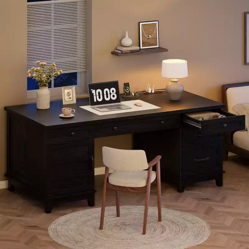 Garvee Executive Desk with Drawers, Wooden Farmhouse Home Office Desk with Charging Station, 60 Computer Writing Desk with File Cabinet Storage
