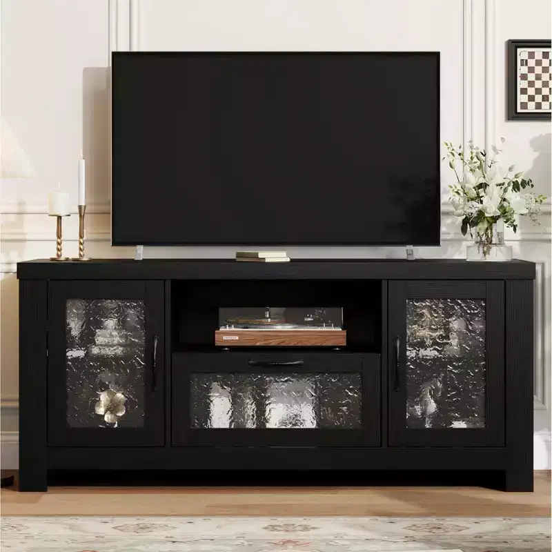 Farmhouse TV Stand for 55 Inch TV, Entertainment Center with Acrylic Door & Adjustable Shelves, Sideboard Buffet Storage Cabinet for Living Room