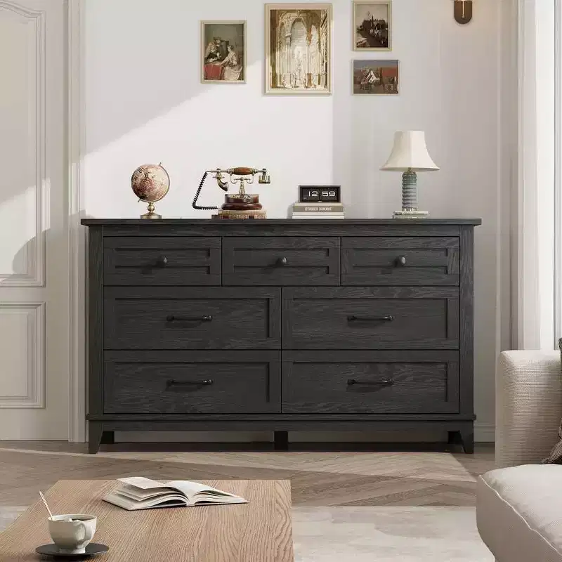 Coolmee 7 Drawers Dresser for Bedroom, Wood Rustic Chest of Drawers with Natural Texture, Storage Dressers Organizer for Bedroom, Living Room