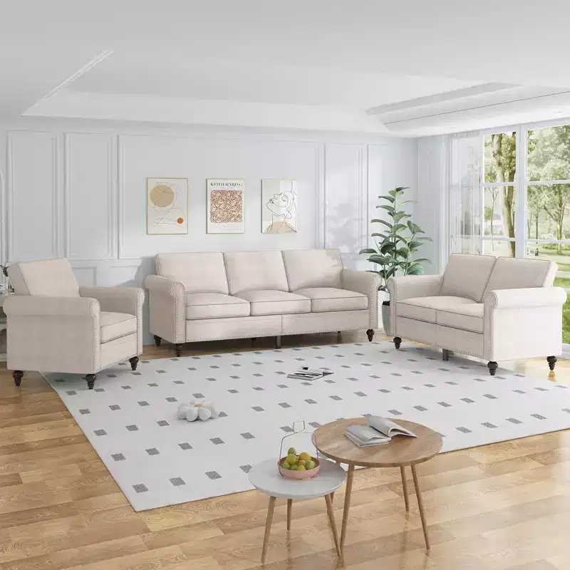 Mjkone 3 Piece Linen Living Room Sofa Set,Modern 3-Seater Sofa Couch&Loveseat Sofa&Single Sofa Armchair Set