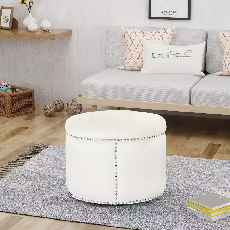 Round Tufted Velvet Ottoman with Nailhead Trim