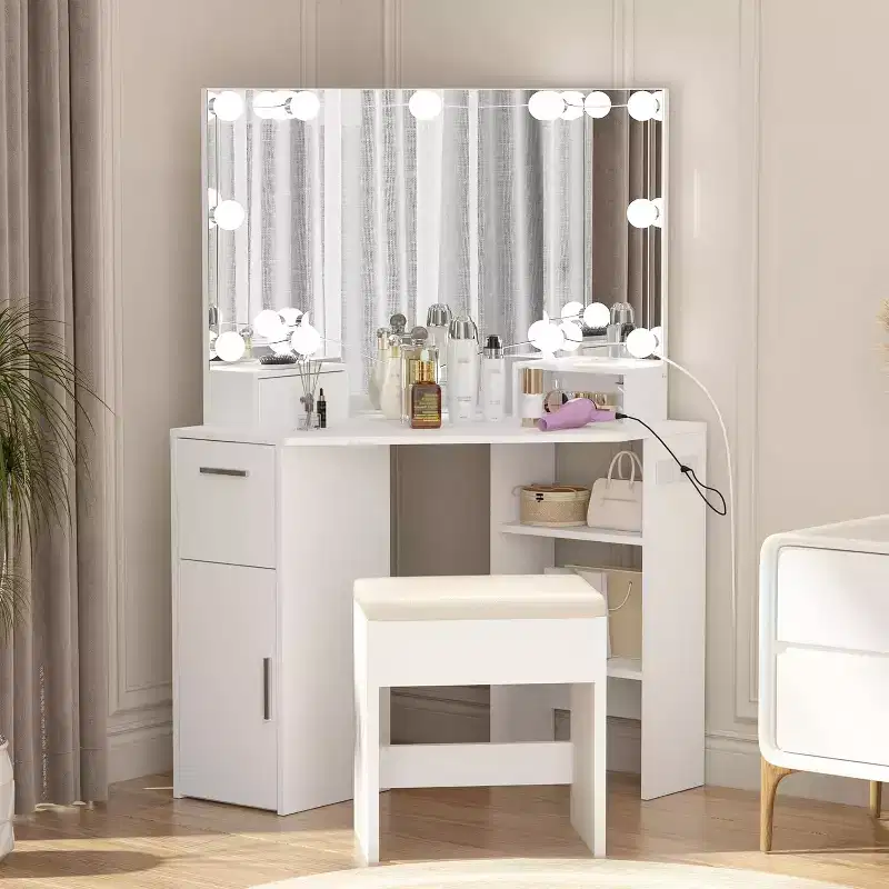 Corner Vanity Mirror with Lights and Table Set & Power Outlet, Makeup Vanity Table with Lights, 2 Drawers & Stool