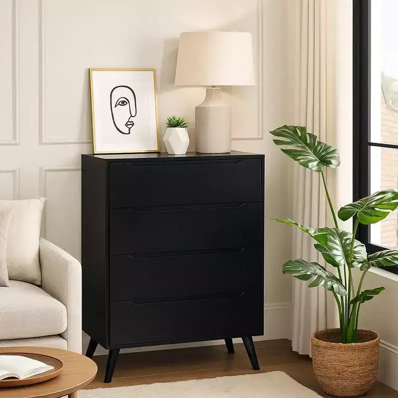 4 Drawer Wooden Chest with Round Tapered Legs, Black