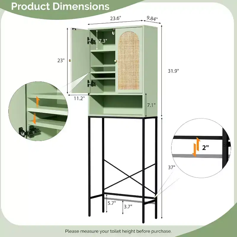 Over The Toilet Storage Cabinet, Sage Green Bathroom Organizer Over Toilet with Arched Rattan Doors, Freestanding Space Saver Rack