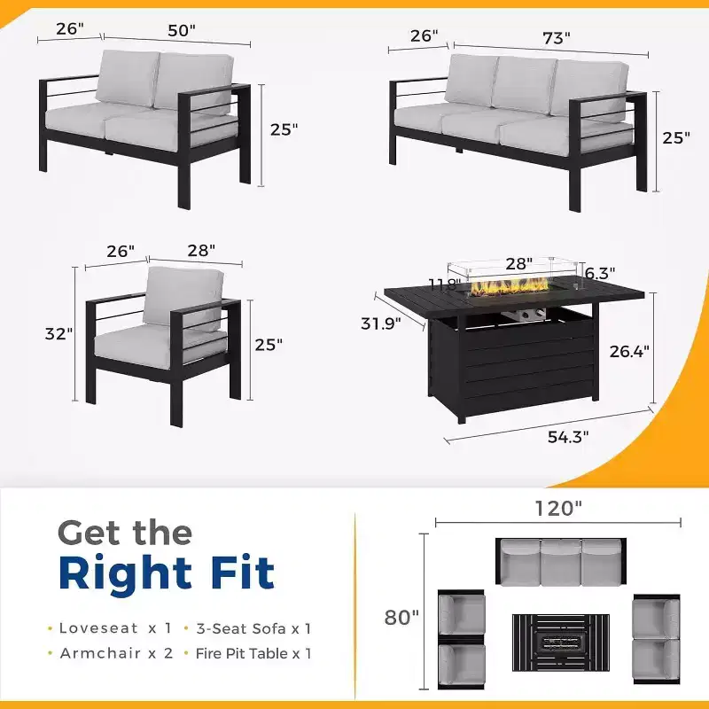 Heynemo Aluminum Patio Furniture Set with Fire Pit Table, 5 Piece Outdoor Furniture with Cushions for Balcony, Front Porch, and Backyard