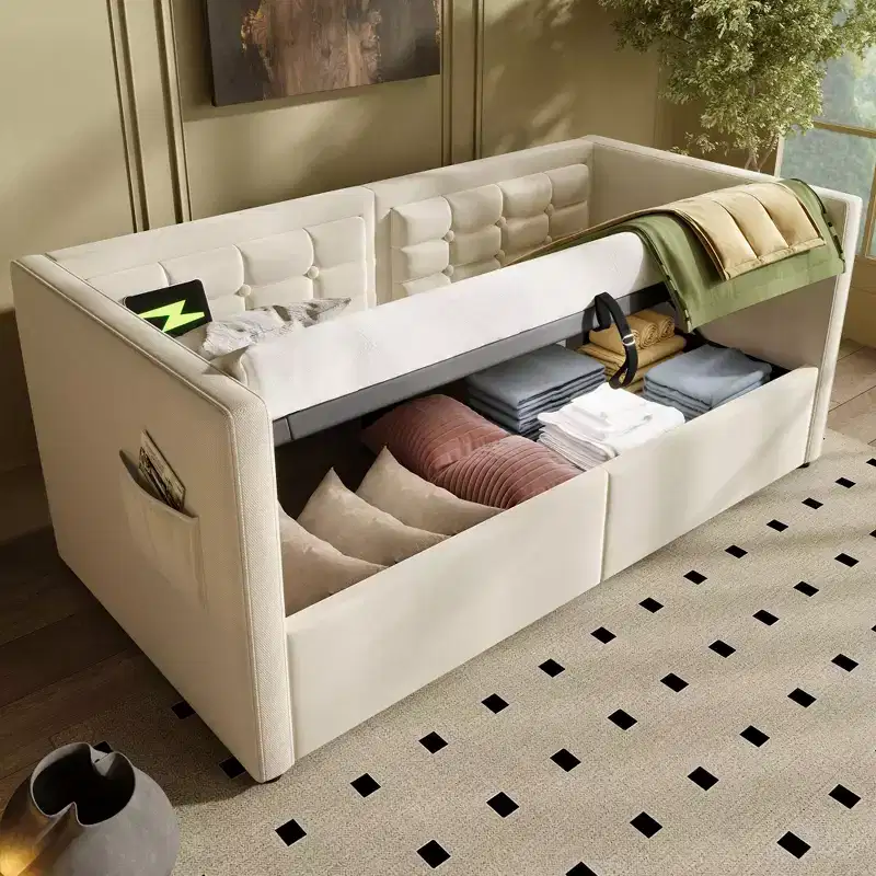Twin Size Modern Bed Frame Sofa Bed with USB & Hidden Storage,Upholstered Tufted Daybed for Bedroom,Kids Room,Study