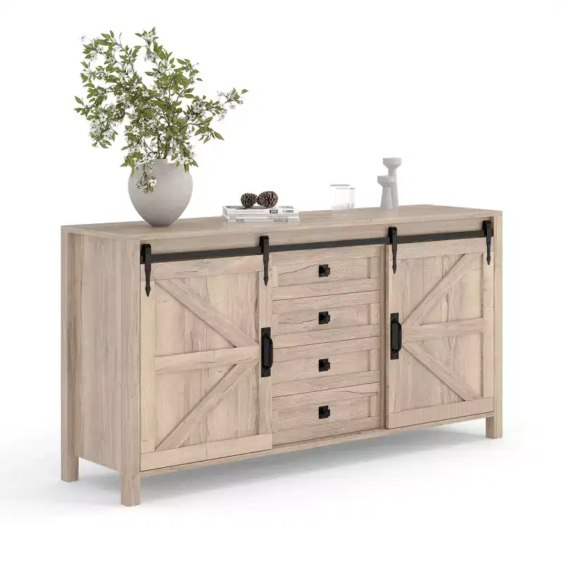 60 Farmhouse Sideboard Buffet Cabinet with Sliding Barn Doors & 4 Drawers, TV Stand Coffee Bar Console Table Kitchen Cabinet with Storage