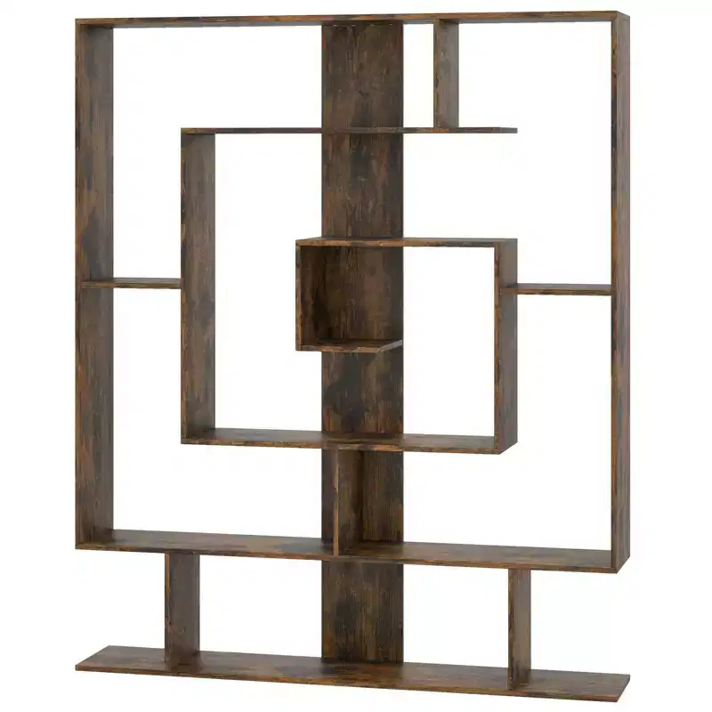 7-Tier Bookshelf Geometric Bookcase with 2 Anti-Tipping Kits Rustic Brown/White