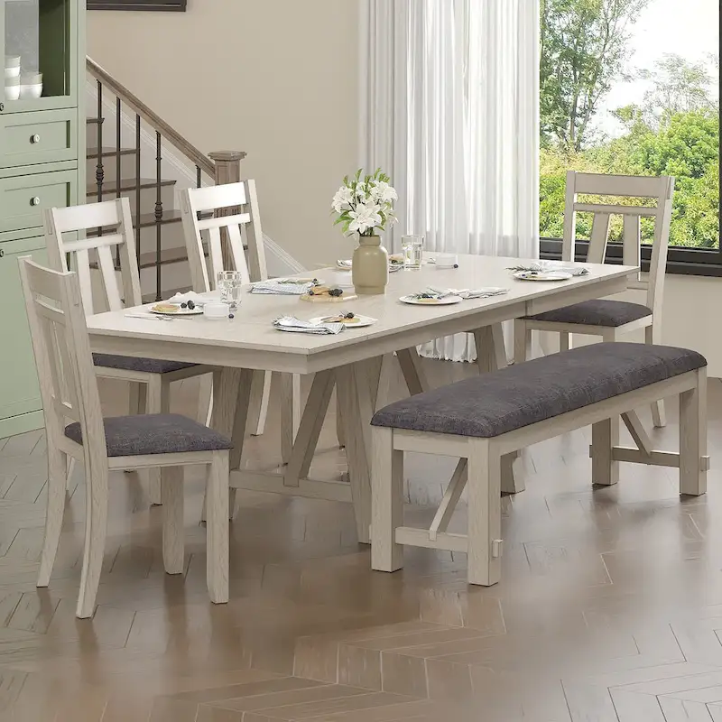 VECELO Dining Table Set with Bench, Solid Wood Rectangular Extendable Dining Table & Solid Wood Dining Chairs