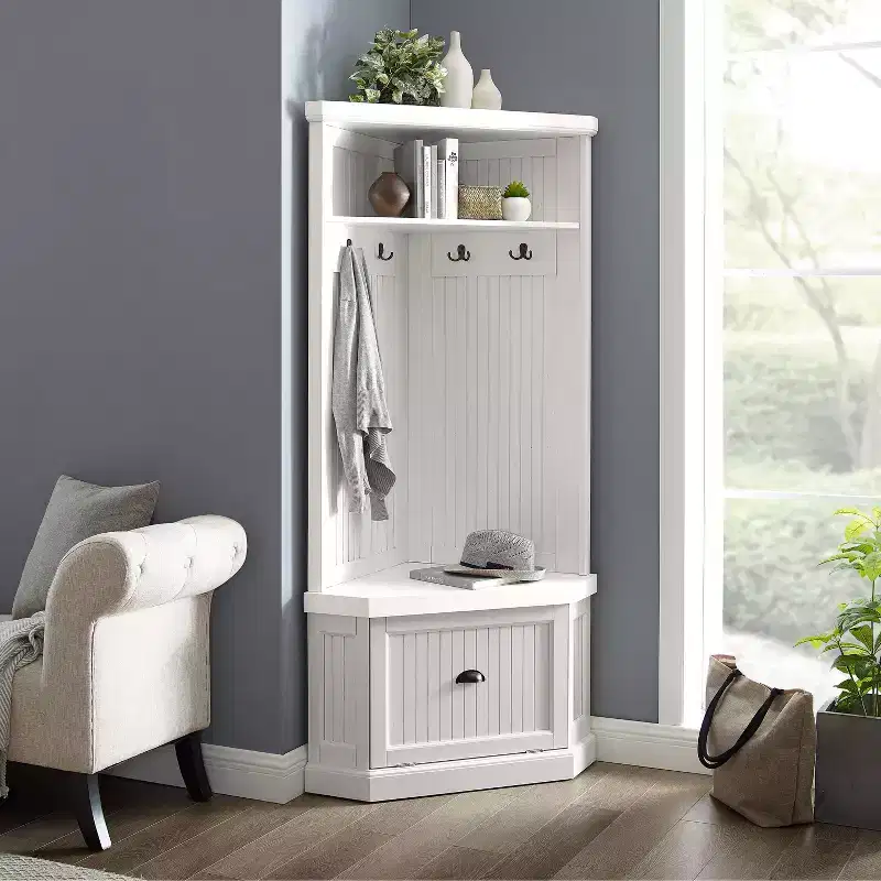 Corner Hall Tree Distressed White with Shoe Storage and 4 Hooks