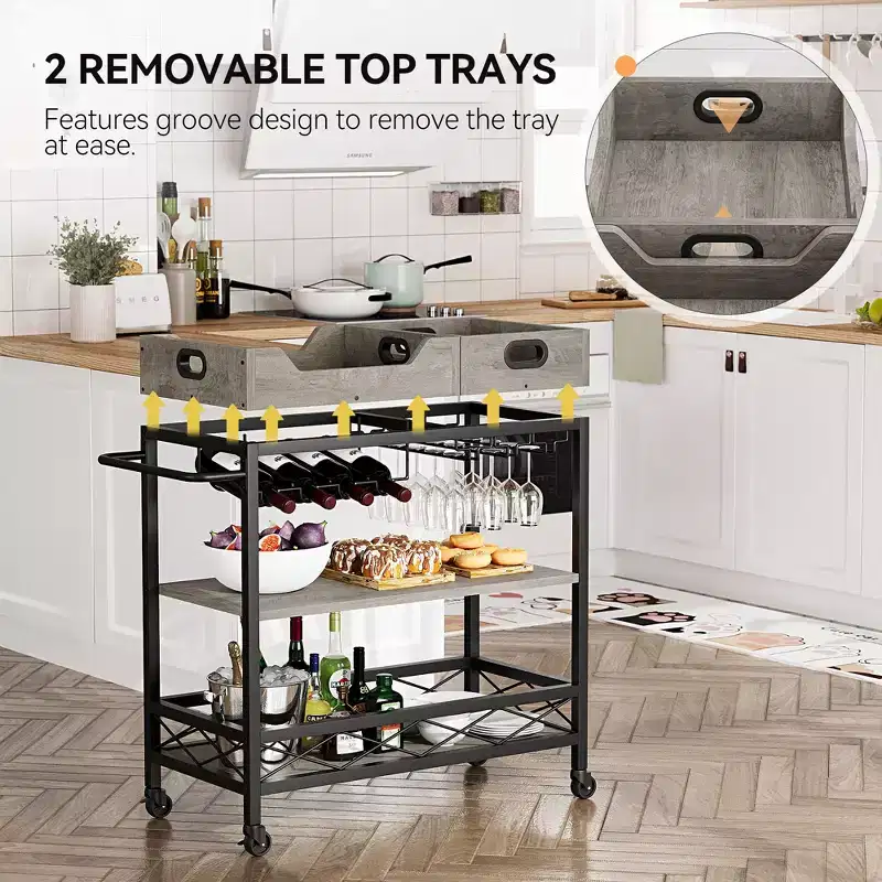 Metal 3-Tier Rolling Bar Cart with Removable Tray