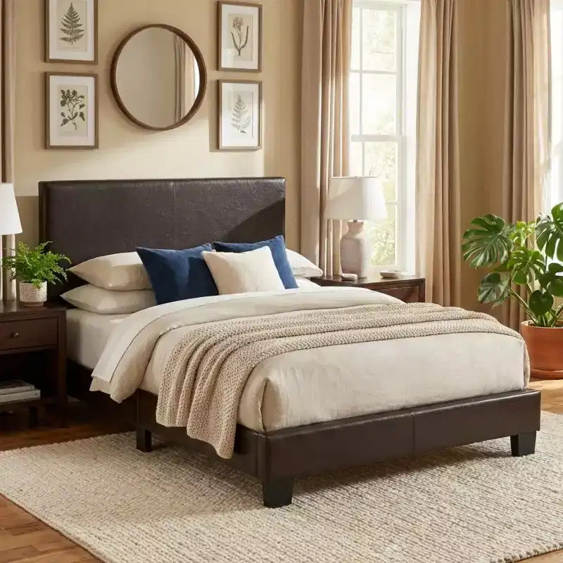 GDFStudio Lucas Modern Classic Faux Leather Upholstered Platform Bed Frame with Adjustable Headboard