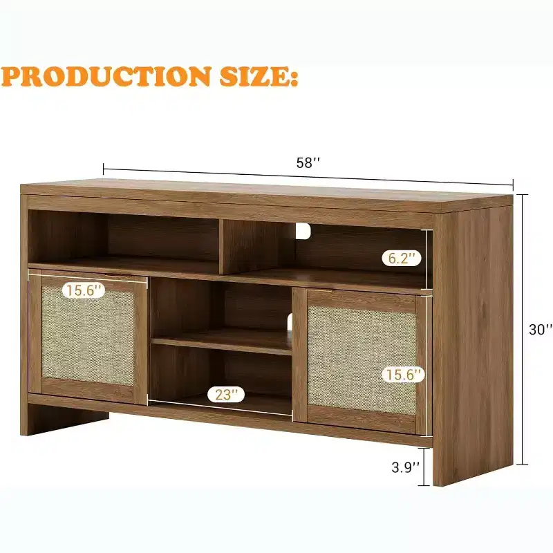 65 Inch Boho TV Stand with Rattan Doors - 58 Modern Wooden Media Console with Adjustable Shelves for Living Room