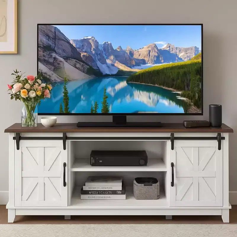 Farmhouse TV Stand for 75 in Television, Wood Entertainment Center,Media TV Console Table Cabinet