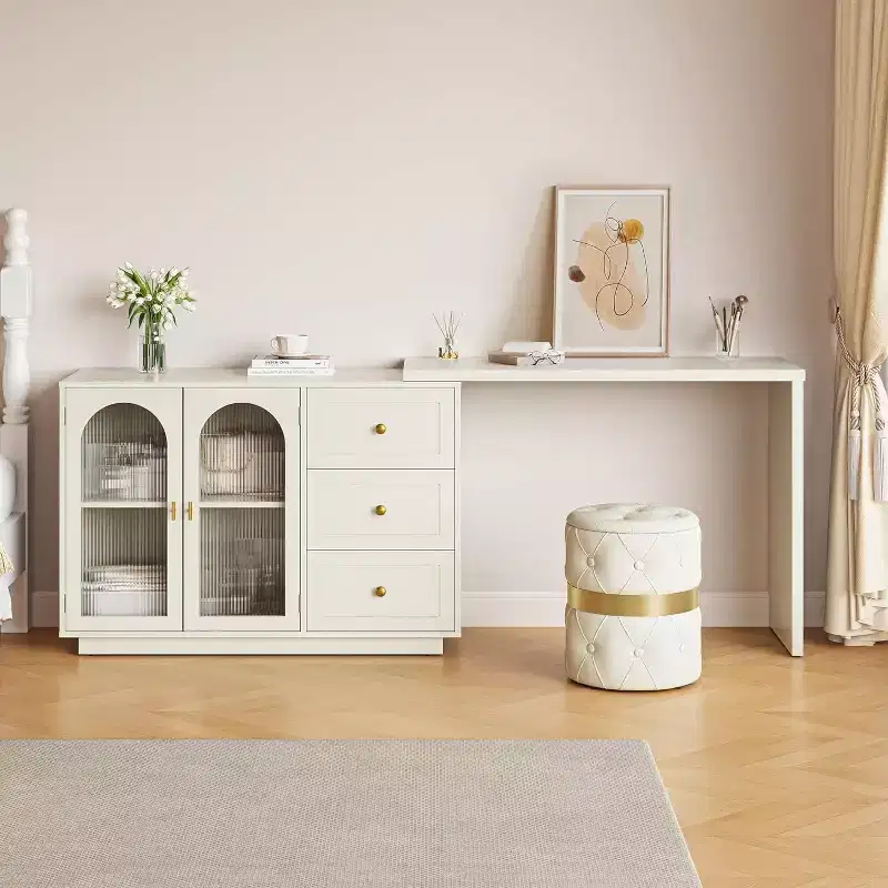 Makeup Vanity Desk, Extendable Corner Vanity Makeup Table with 3 Drawers & 2 Doors, Dressing Table for Bedroom