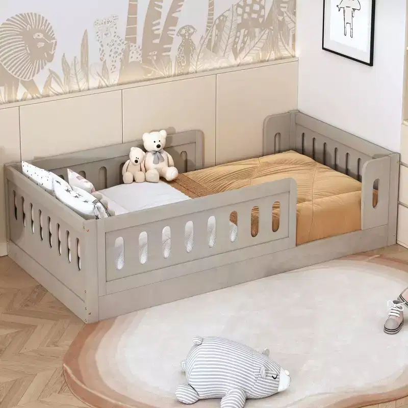 Twin Size Floor Platform Bed for Kids, Wood Montessori Platform Bed Frame with Guardrail for Child