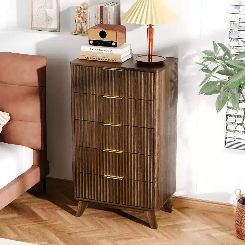 VINGLI Fluted Tall Dresser 5 Drawer, 23.66 W Chest of Drawers, Walnut Wood Dresser for Bedroom Mid Century Modern