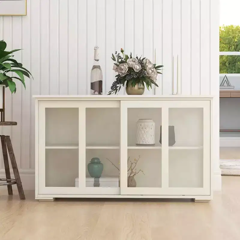MAYEERTY White Kitchen Storage Cupboard, Glass Door Design for Display & Storage