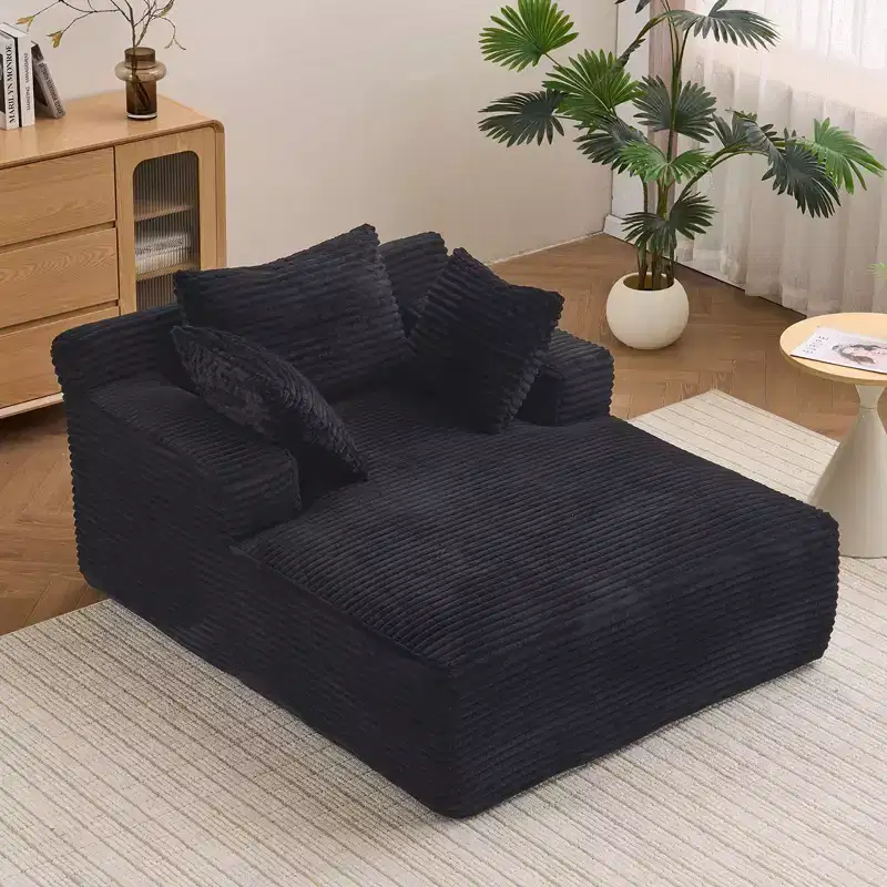 Efomao 66inx48in Chaise Longue Chair Indoor Modern Upholstered Corduroy Deep Seat Sofa Bed with Armrests No Assembly Required Black