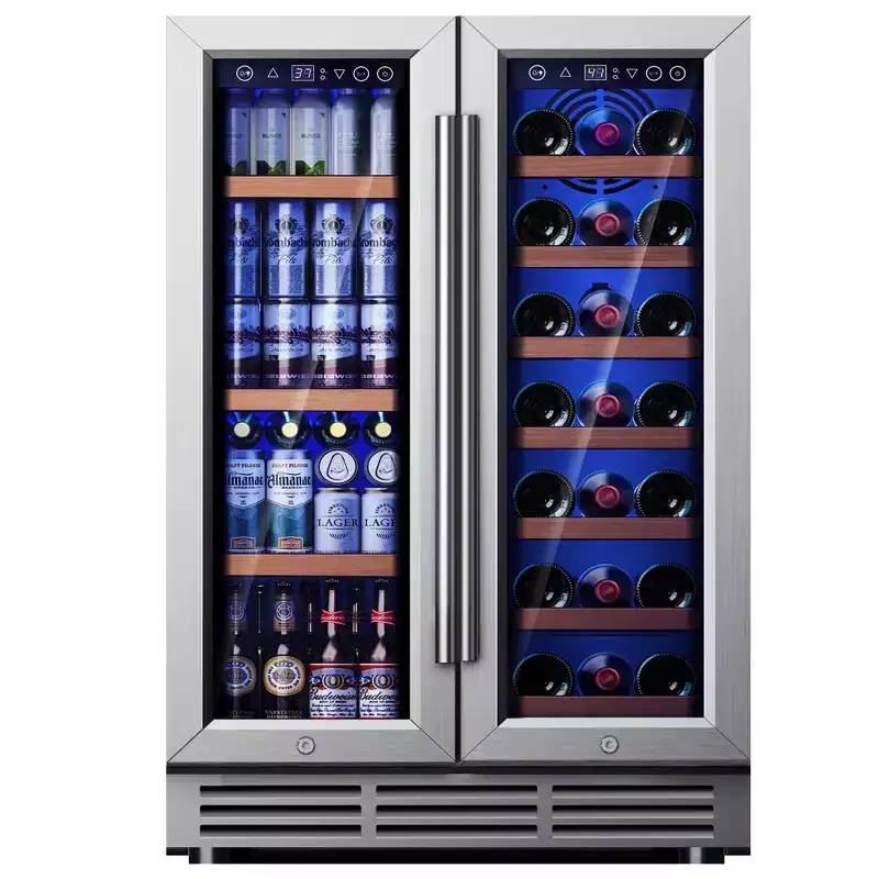 Simzlife 4.65 cu. ft. Dual Zone Wine&Beverage Fridge, 21 Bottles+88 Cans, Built in Refrigerator with Glass Door, for Home/Bar/Office, Silver