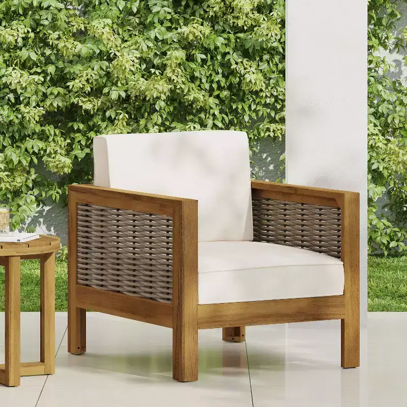 Outdoor Patio Chair, Acacia Wood Frame Club Chair with Wicker Accents and Cushions - Merax