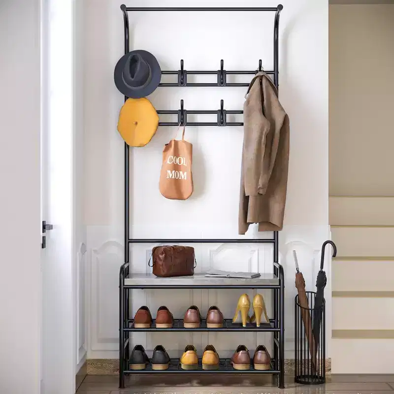 4-in-1 Hall Tree Shoe Bench, Entryway Storage Bench with 8 Sturdy Hooks, Freestanding Coat Rack for Small Spaces, Apartments, Bedroom