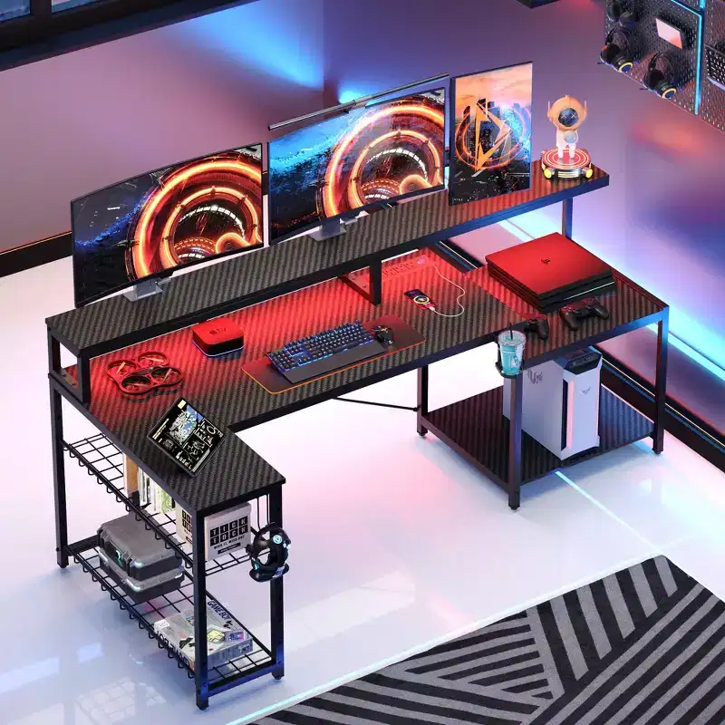 Bestier 71.5 LED Gaming Desk with Power Outlet, L-Shaped Computer Desk with Monitor Stand