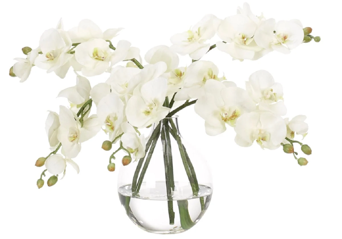Minimalist Synthetic Glass White Orchid with Clear Bubble Vase for Living Room & Bedroom