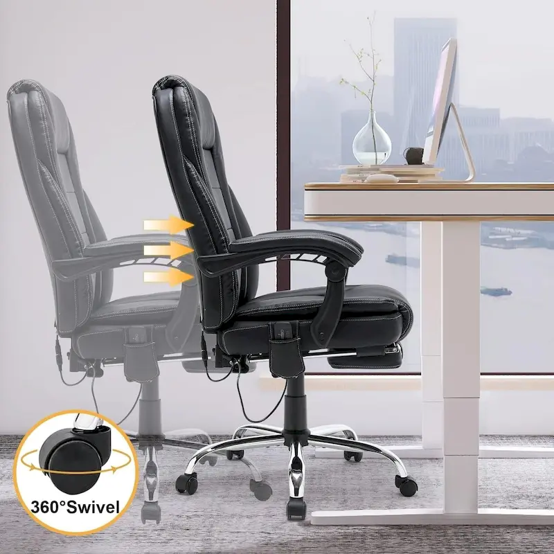 Ergonomic Heated Executive Office Chair, 2/4/6-Point Massage, Retractable Footrest, PU Leather